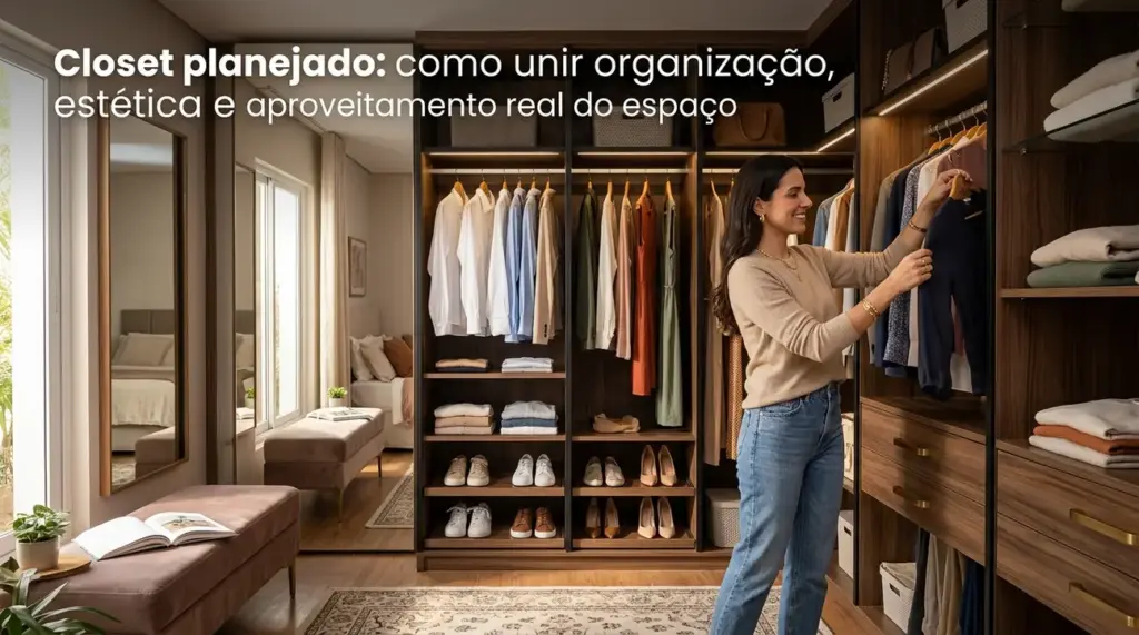 Closet planejado elegante com organização impecável e aproveitamento de espaço.
